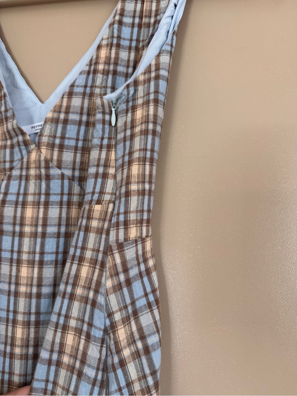 Peppermayo Brown and Blue Plaid V-Neck Maxi Dress - Picture 3 of 3